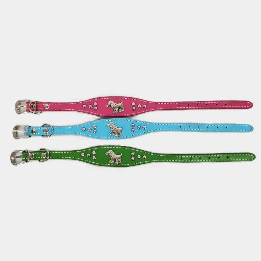 Set of 3 Studded Faux Leather Dog Collars Pink Blue Green Dog Charm Small Medium